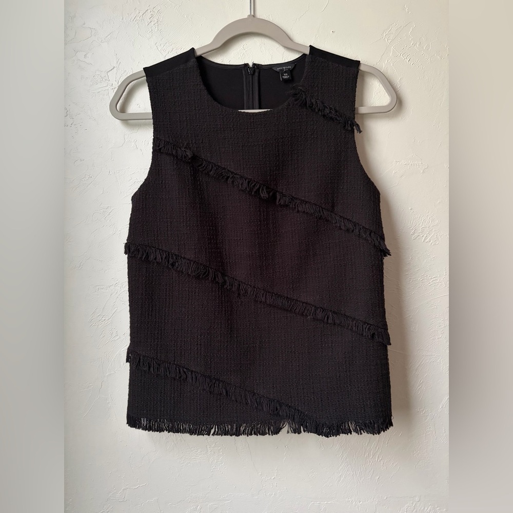 Ann Taylor Black Tweed Fringe Sleeveless Shell Top Zip Back Size XS